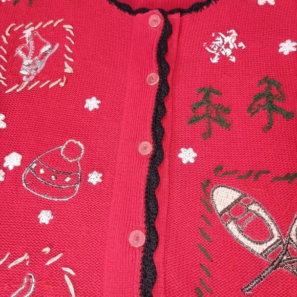 Ugly Christmas Cardigan Sweater Red & Black Crochet Trim Rami Cotton Blend Sz LG - Picture 10 of 11